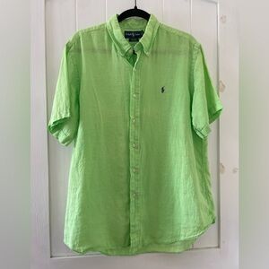 Ralph Lauren Men's Lime Green Button Down Shirt Blue Logo Linen size XL